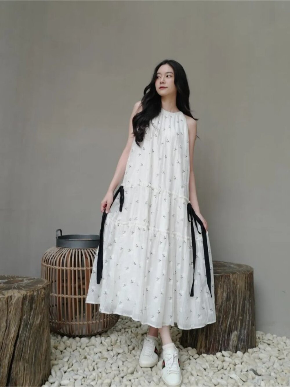 KUOSE Embroidered Inverted Tank Tiered Ribbon Maxi Dress